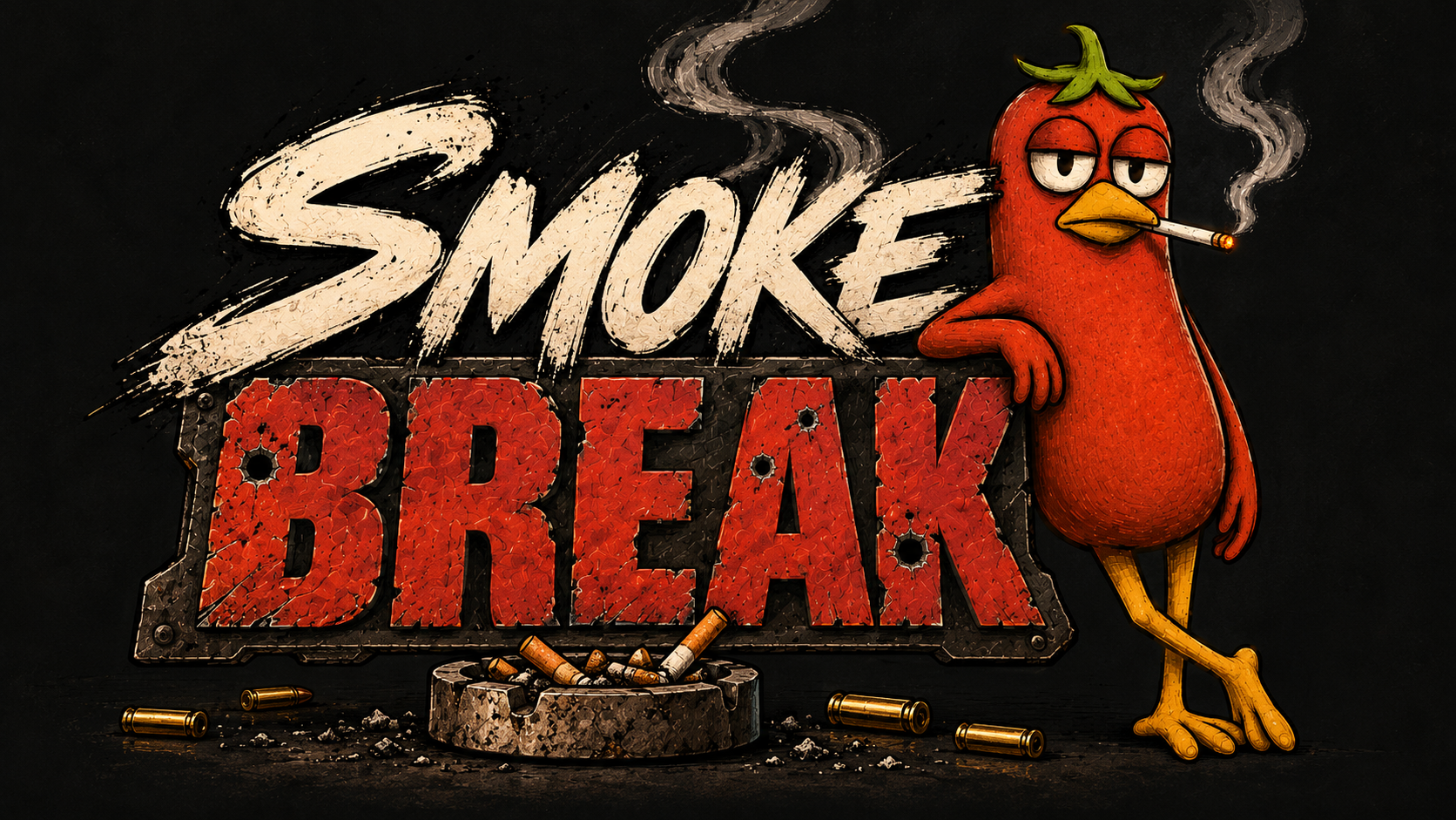 Smoke Break — Tomato Bird beside the battered title and ashtray
